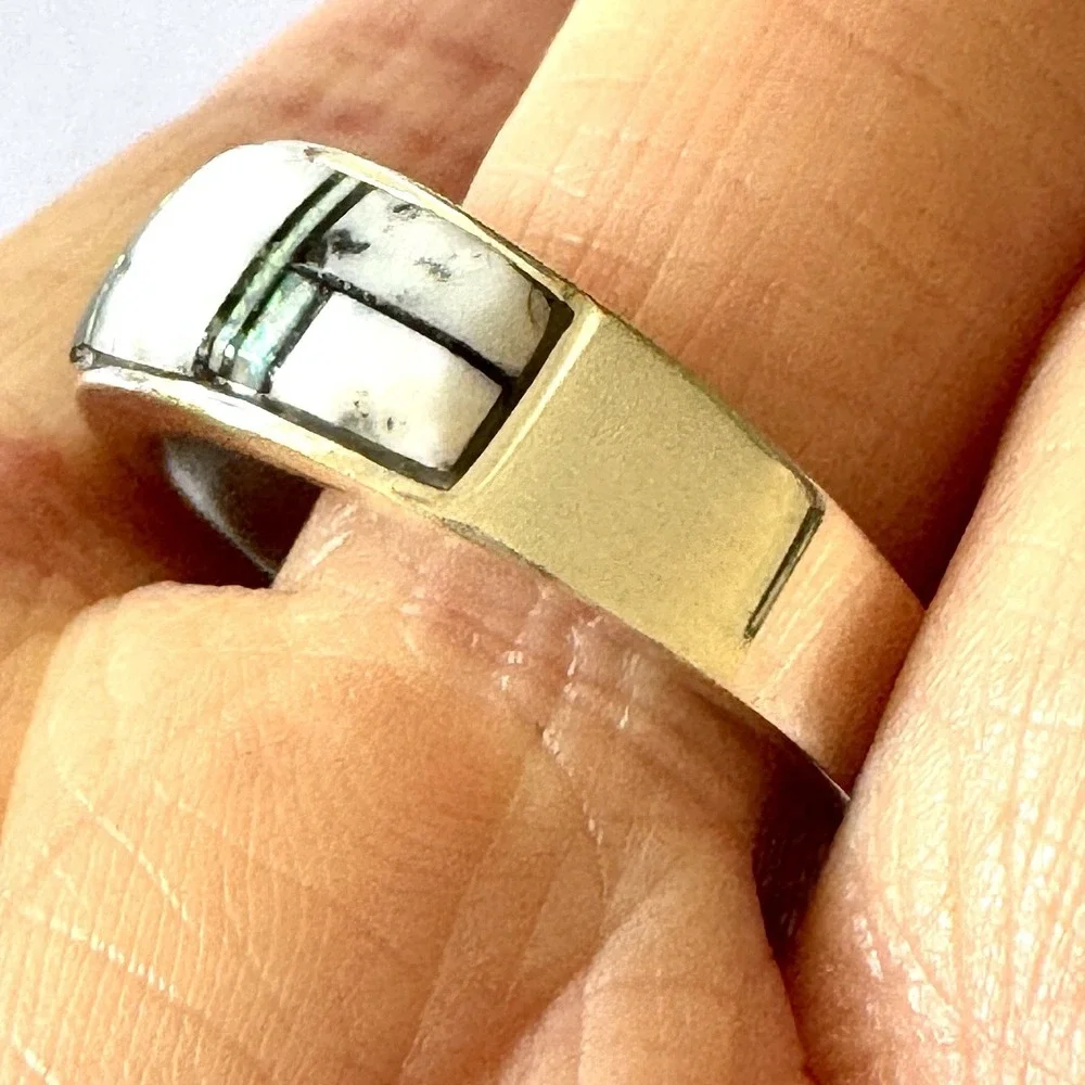 Navajo Wedding Band Sz 11 Inlay Ring Opal White Buffalo 8mm Mens Signed A Tolino
